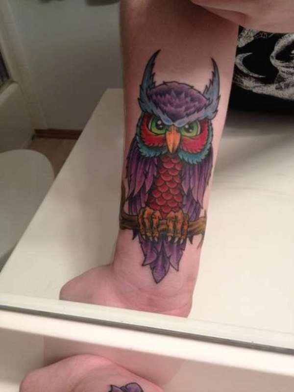 Classic Colorful Owl Tattoo On Left Forearm