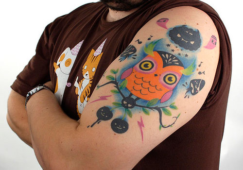 Classic Colorful Owl Tattoo On Man Left Half Sleeve