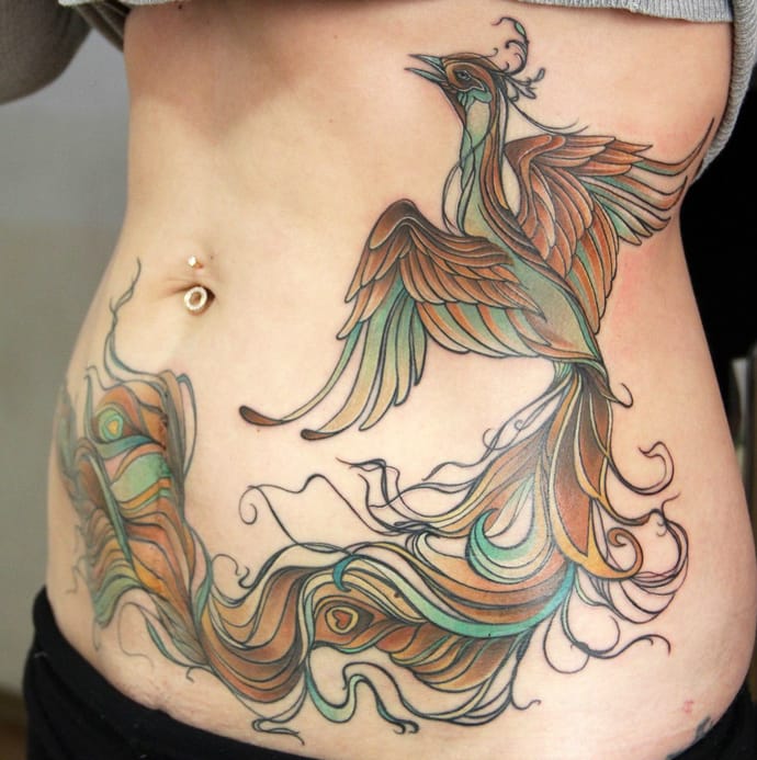 Classic Colorful Phoenix Tattoo On Girl Stomach