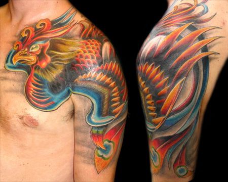 Classic Colorful Phoenix Tattoo On Man Left Shoulder