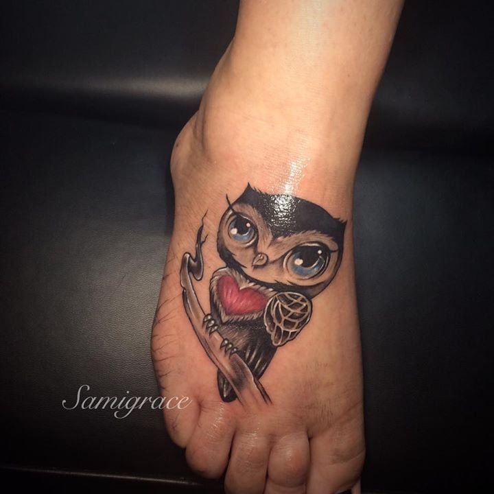 Classic Cute Owl Tattoo On Right Foot
