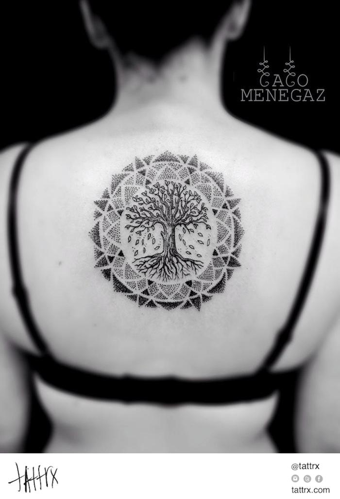 Classic Dotwork Tree Of Life Tattoo On Girl Upper Back