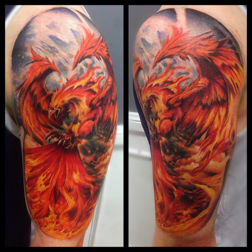Classic Flaming Phoenix Tattoo On Left Upper Arm By Mark Stewart