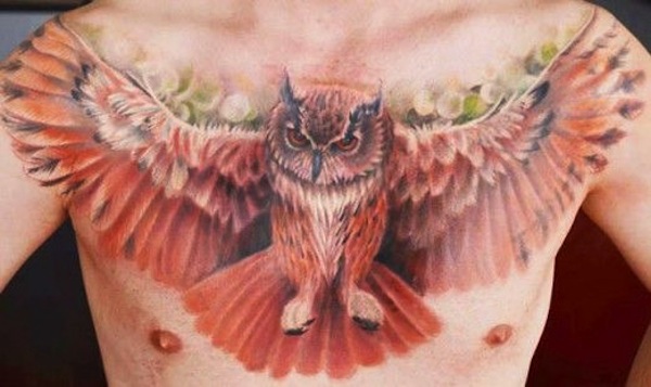 Classic Flying Owl Tattoo On Man Chest By Mark Stewart