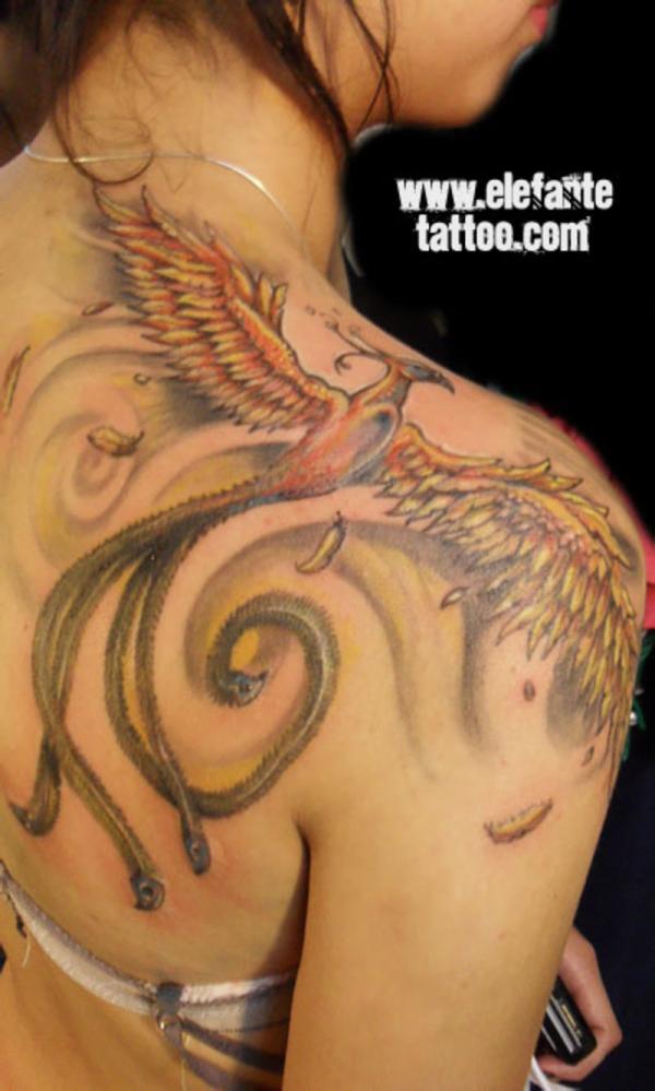 Classic Flying Phoenix Tattoo On Girl Right Back Shoulder