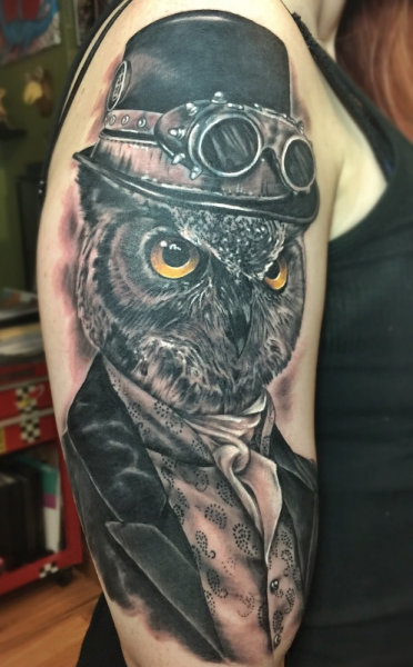 Classic Gentleman Owl Tattoo On Right Half Sleeve
