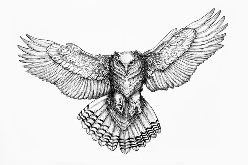 Classic Grey Ink Flying Owl Tattoo Design