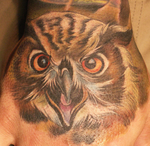 Classic Owl Face Tattoo On Hand