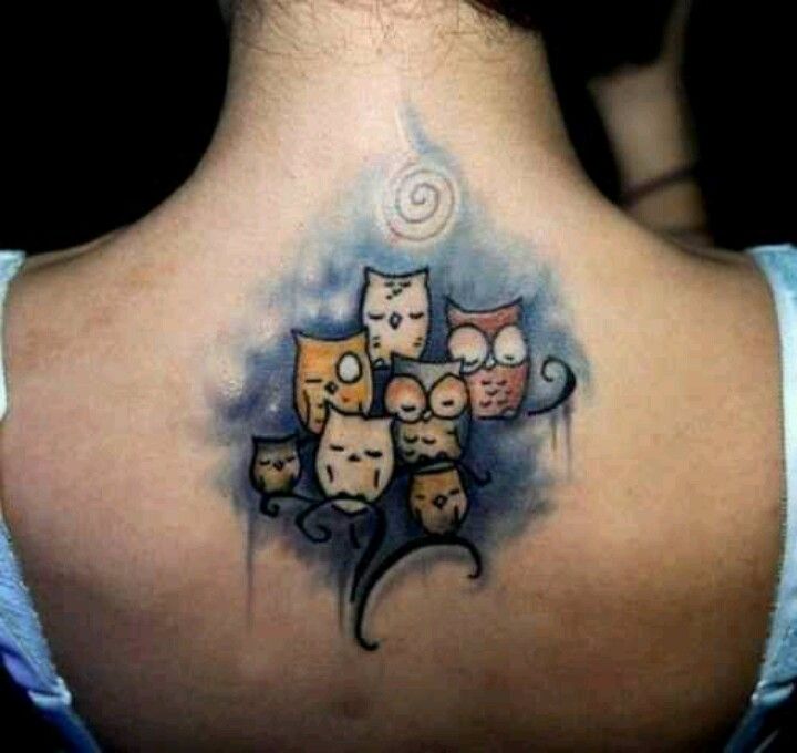 Classic Owl Family Tattoo On Girl Upper Back