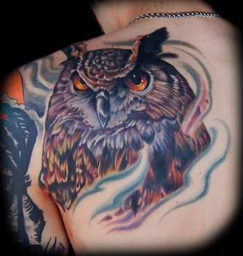 Classic Owl Tattoo On Left Back Shoulder