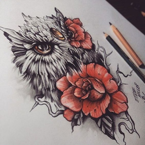 Classic Owl With Flowers Tattoo Design