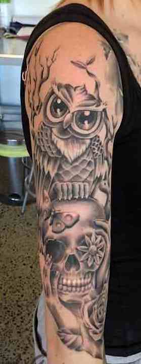 Classic Owl With Skull Tattoo On Right Full Sleeve