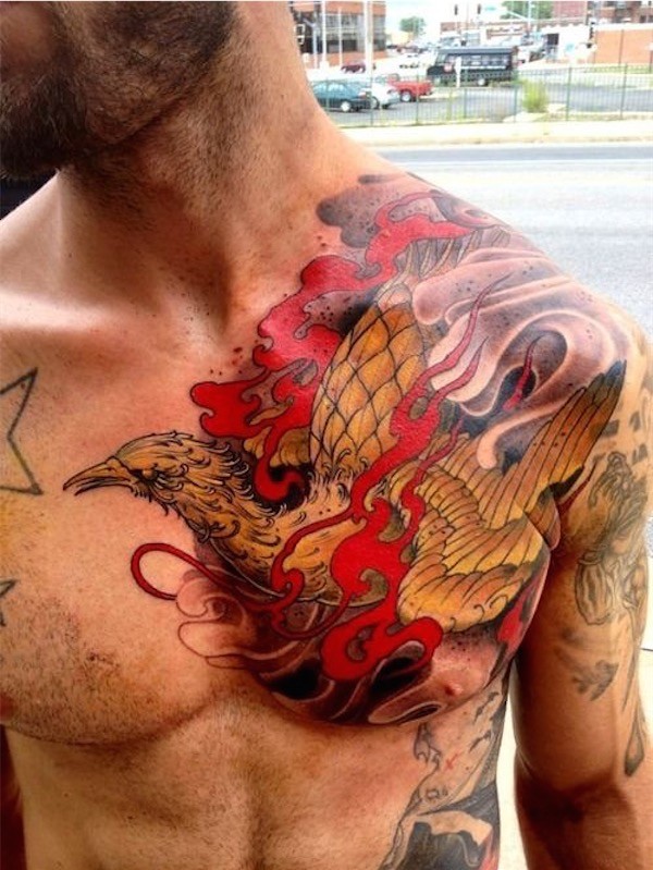 Classic Phoenix Tattoo On Man Left Chest