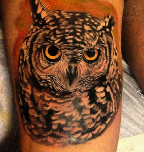 Classic Realistic Owl Tattoo Design For Thigh