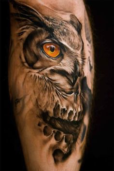 Classic Ripped Skin Owl Tattoo Design For Leg