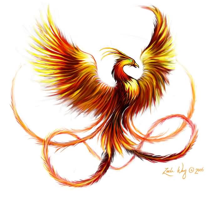 Classic Rising Flying Phoenix From The Ashes Tattoo Design