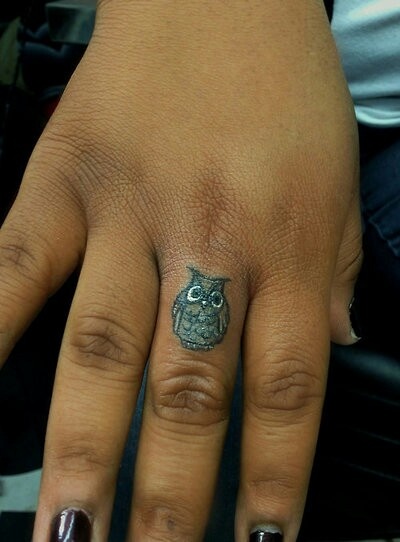 Classic Small Owl Tattoo On Girl Right Finger