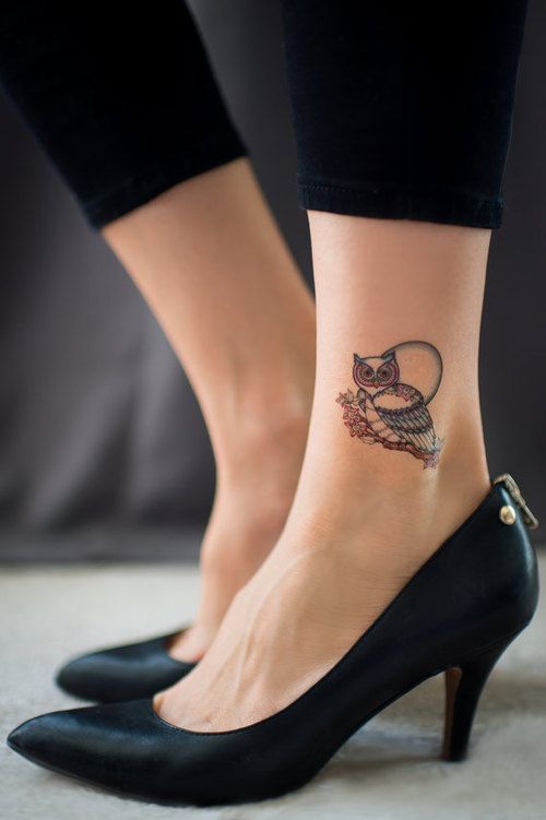 Classic Small Owl Tattoo On Left Ankle