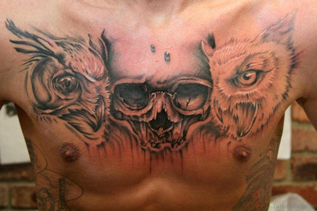 Classic Two Owl Head With Skull Tattoo On Man Chest