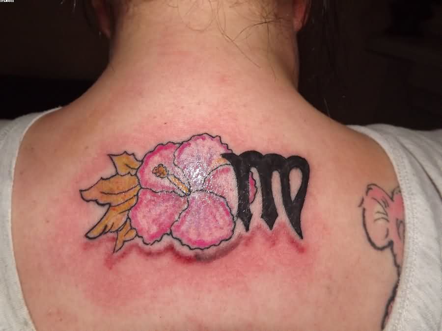 Classic Virgo Zodiac Sign With Flower Tattoo On  Upper Back