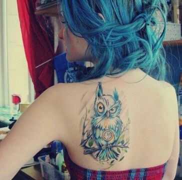 Classic Watercolor Owl Tattoo On Girl Left Back Shoulder