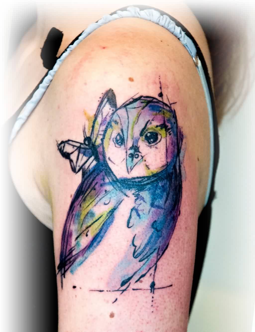 Classic Watercolor Owl Tattoo On Man Left Shoulder