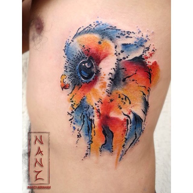 Classic Watercolor Owl Tattoo On Man Left Side Rib