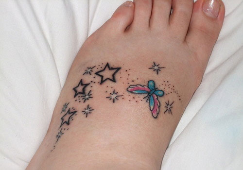 Color Ink Butterfly And Cute Star Foot Tattoo