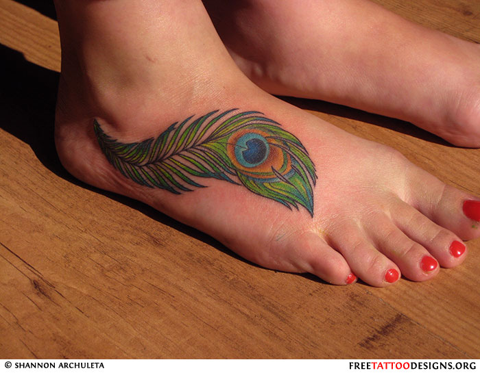 Color Ink Peacock Feather Tattoo On Right Foot