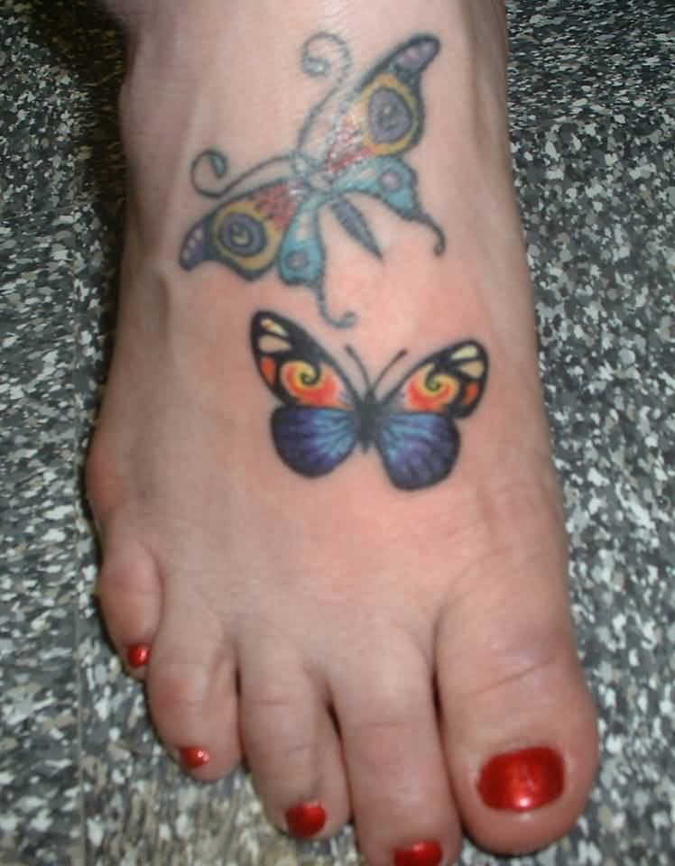 Colored Butterfly Foot Tattoos For Girls