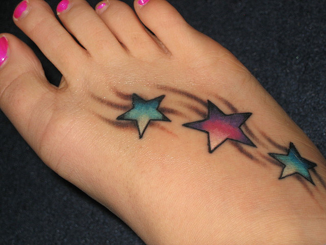 Colored Cute Star Foot Tattoo Idea For Girls