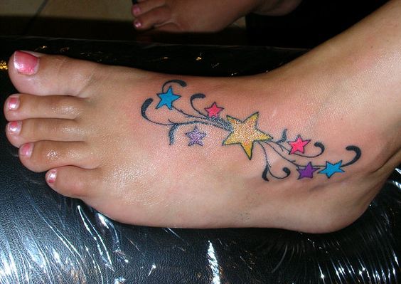 Colored Cute Stars Foot Tattoo Idea