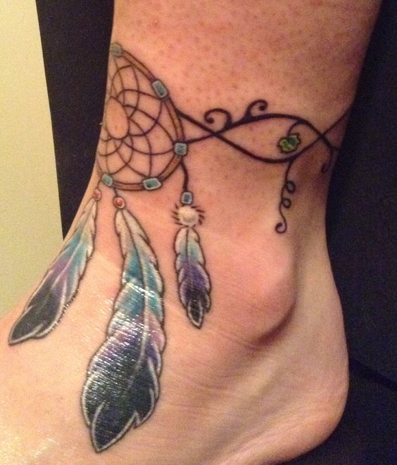 Colored Dreamcatcher Ankle Tattoo