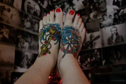 Colored Nautical Foot Tattoo For Girls