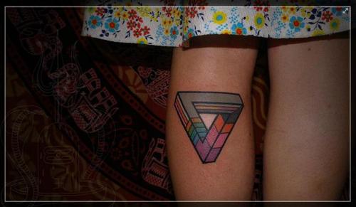 Colorful 3D Upside Down Penrose Triangle Tattoo On Leg Calf