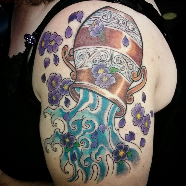 Colorful Aquarius Zodiac Sign With Flowers Tattoo On Right Shoulder