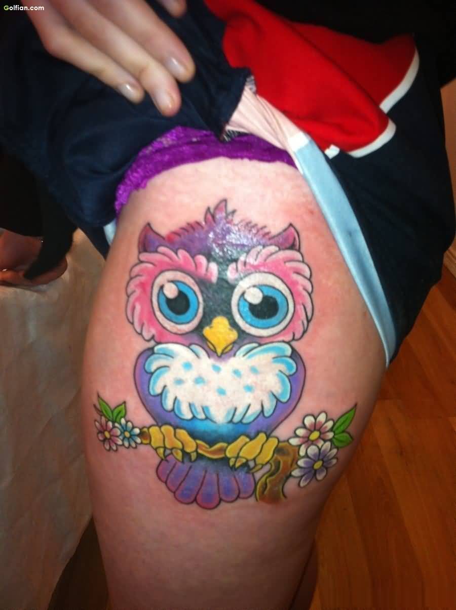 Colorful Cute Baby Owl On Branch Tattoo On Left Thigh By Jayblum