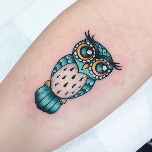 Colorful Cute Owl Tattoo Design For Forearm