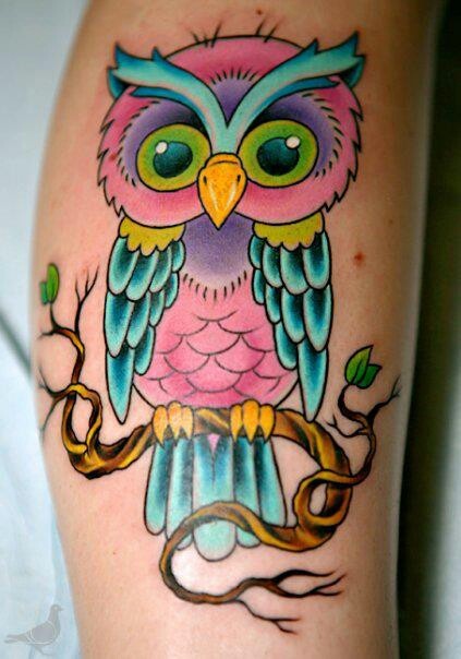 Colorful Cute Owl Tattoo Design For Sleeve By Durb Morrison