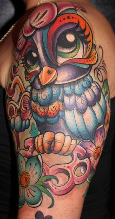 Colorful Cute Owl Tattoo On Left Half Sleeve