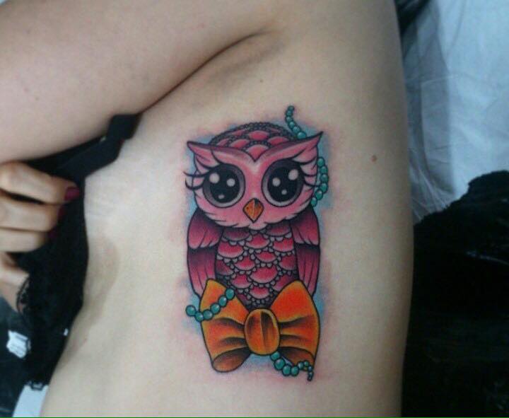 Colorful Cute Owl With Bow Tattoo On Left Side Rib