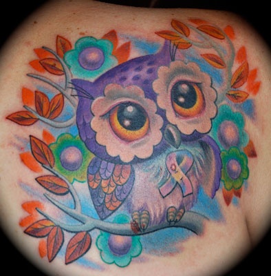 Colorful Cute Owl With Flowers Tattoo On Right Back Shoulder