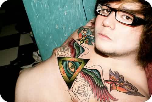 Colorful Eye In Triangle With Wings Tattoo On Man Chest