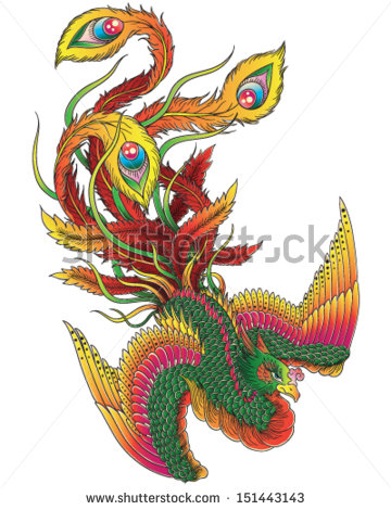 Colorful Flying Japanese Phoenix Tattoo Design