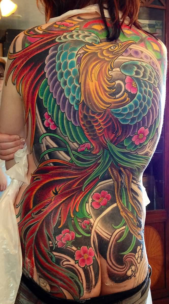 Colorful Flying Japanese Phoenix Tattoo On Girl Full Back