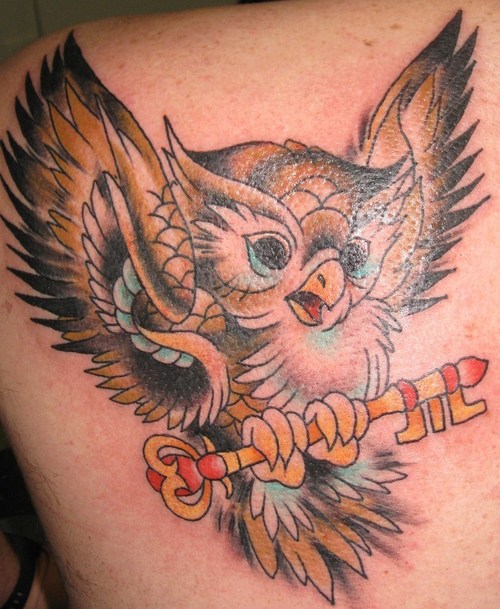 Colorful Flying Owl Bird With Key Tattoo On Left Back Shoulder