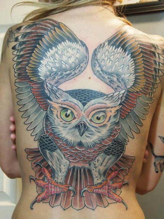 Colorful Flying Owl Tattoo On Full Back