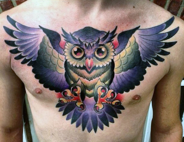 Colorful Flying Owl Tattoo On Man Chest