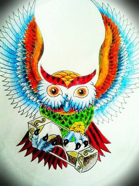 Colorful Flying Owl With Hourglass Tattoo Design