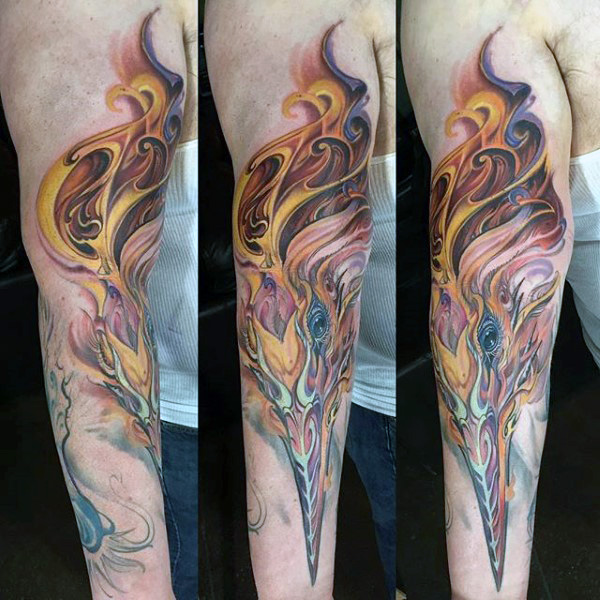Colorful Flying Phoenix Bird Tattoo Design For Full Sleeve